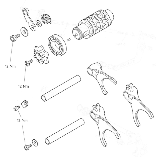 Selector Shaft, Selector Forks and Drum